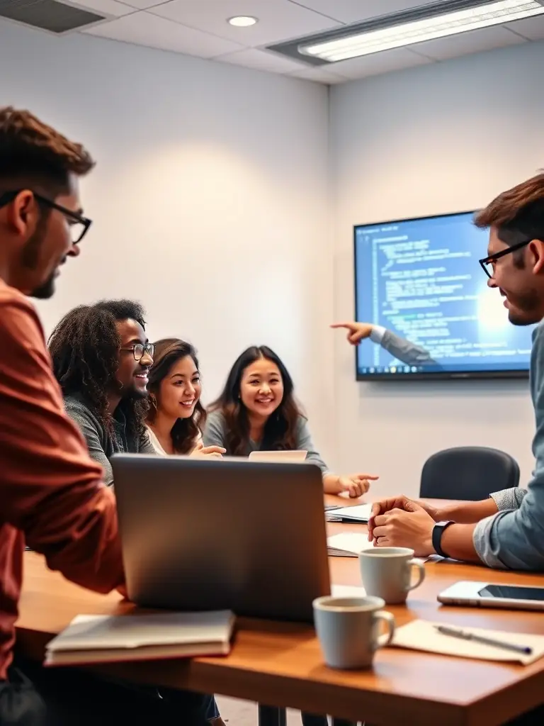 A diverse group of students collaborating on a coding project, with a mentor guiding them through the process, emphasizing teamwork and problem-solving.