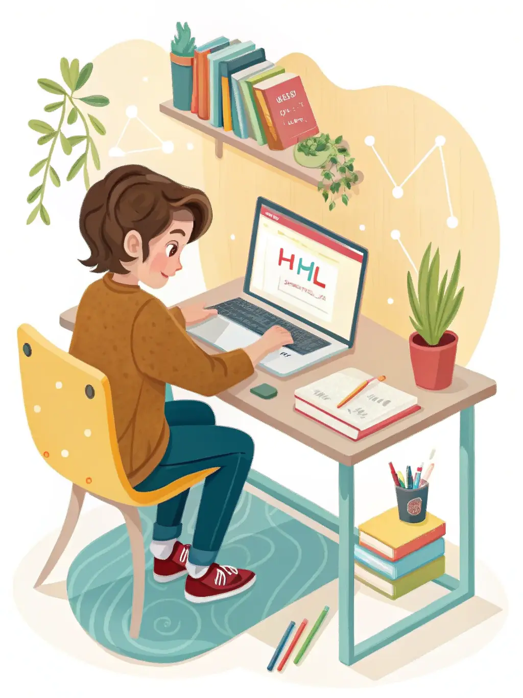 A student designing a responsive website layout using HTML, CSS, and JavaScript, showcasing the front-end development skills.