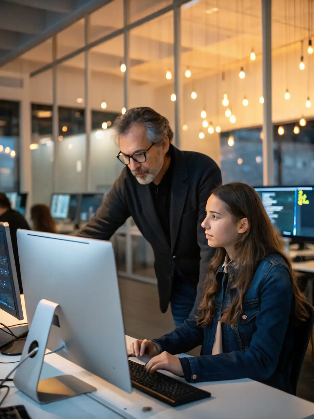 A photo of a mentor and mentee working together on a laptop, smiling and engaged in a coding problem, set in a modern office environment.