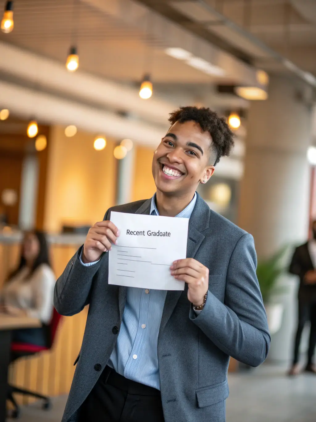 A student receiving a job offer, symbolizing the career opportunities unlocked by the 'Career Accelerator' course plan, in a celebratory office setting.