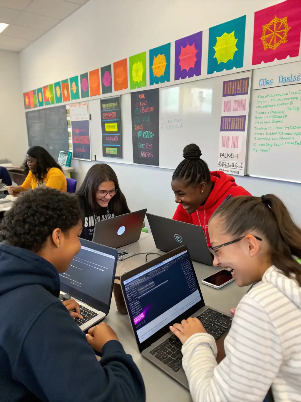 A group of students collaborating on a software project, brainstorming ideas and writing code together in a modern classroom setting.