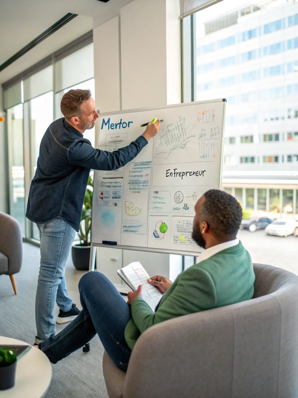 A mentor guiding a student through advanced algorithms, illustrating the personalized support offered in the 'Advanced' course plan, in a collaborative coding environment.