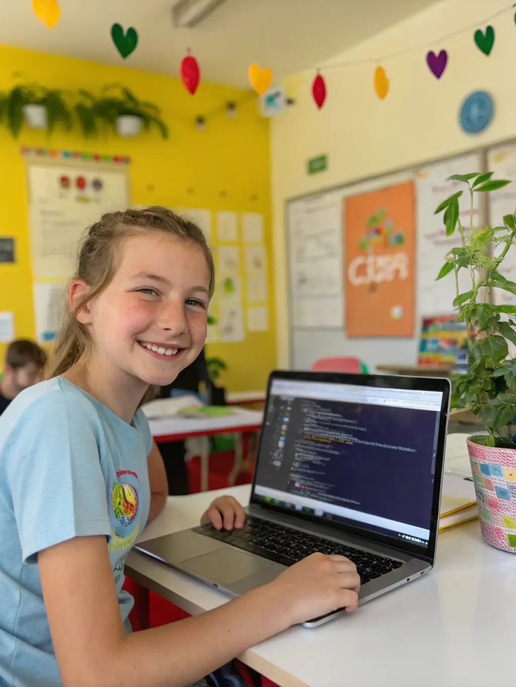 A student successfully completing a coding project, showcasing practical skills gained from the 'Fundamentals' course plan, set against a modern office backdrop.