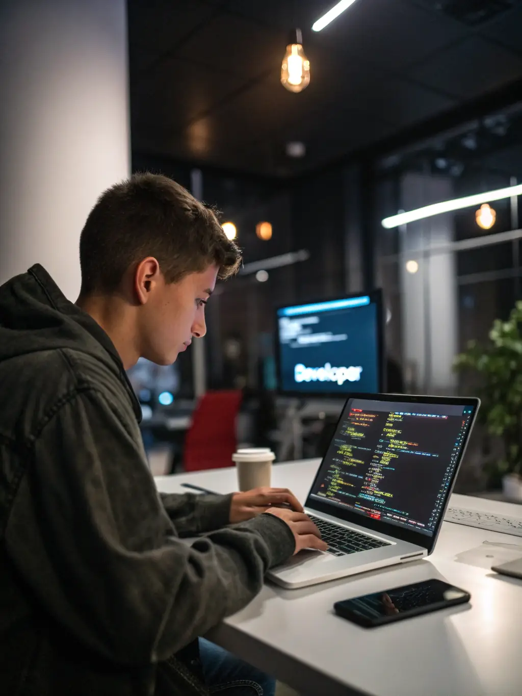 A student diligently working on a coding project at their desk, surrounded by books and a laptop displaying complex code.