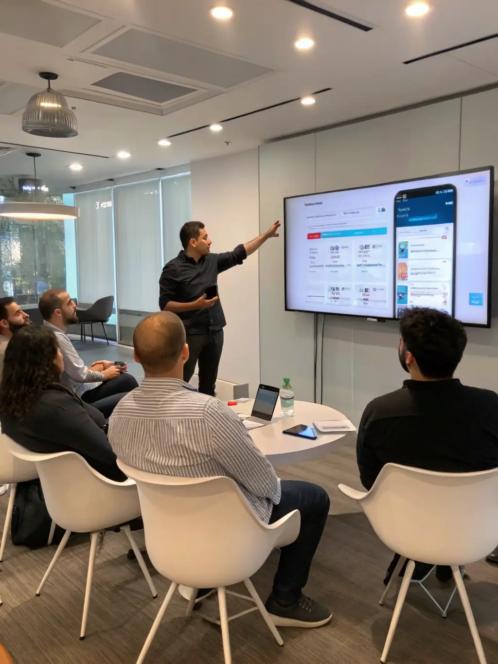 An individual confidently presenting a software application to a panel of judges, showcasing their skills and knowledge gained from the programming course.