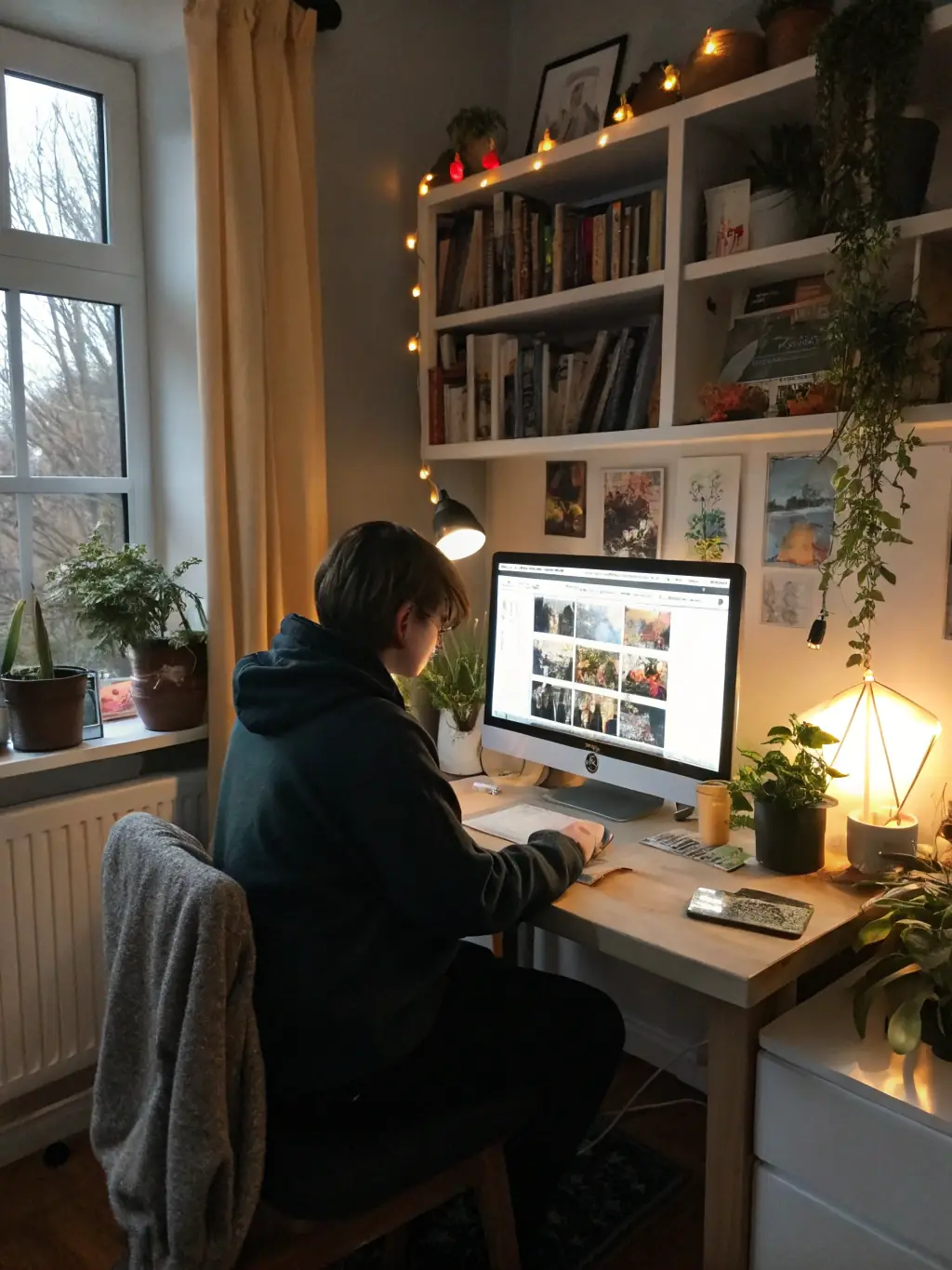 A student presenting a polished portfolio website, demonstrating the practical application of skills learned in the 'Portfolio Builder' course plan, in a co-working space.