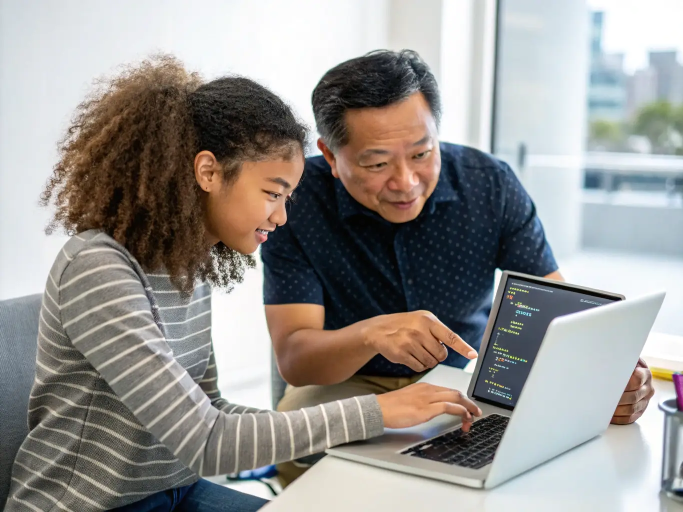 A mentor guiding a student through a complex coding problem on a shared screen, emphasizing the personalized support and guidance offered by bendkit.uno's mentorship program.