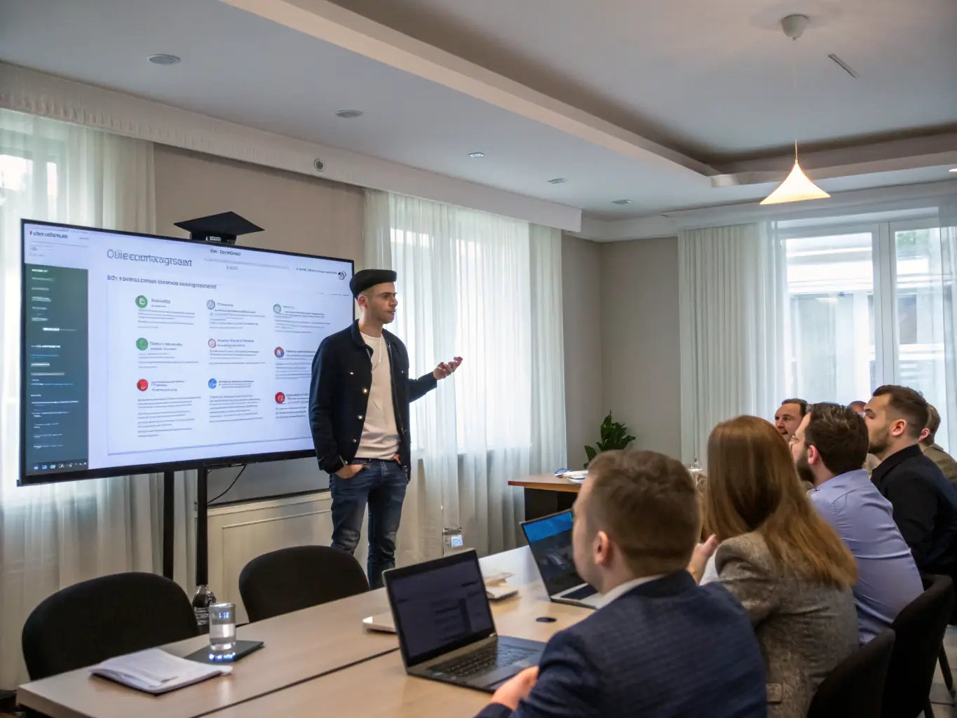 A student successfully presenting a software project to a panel of mentors, showcasing the practical application of learned skills and the potential for career advancement.